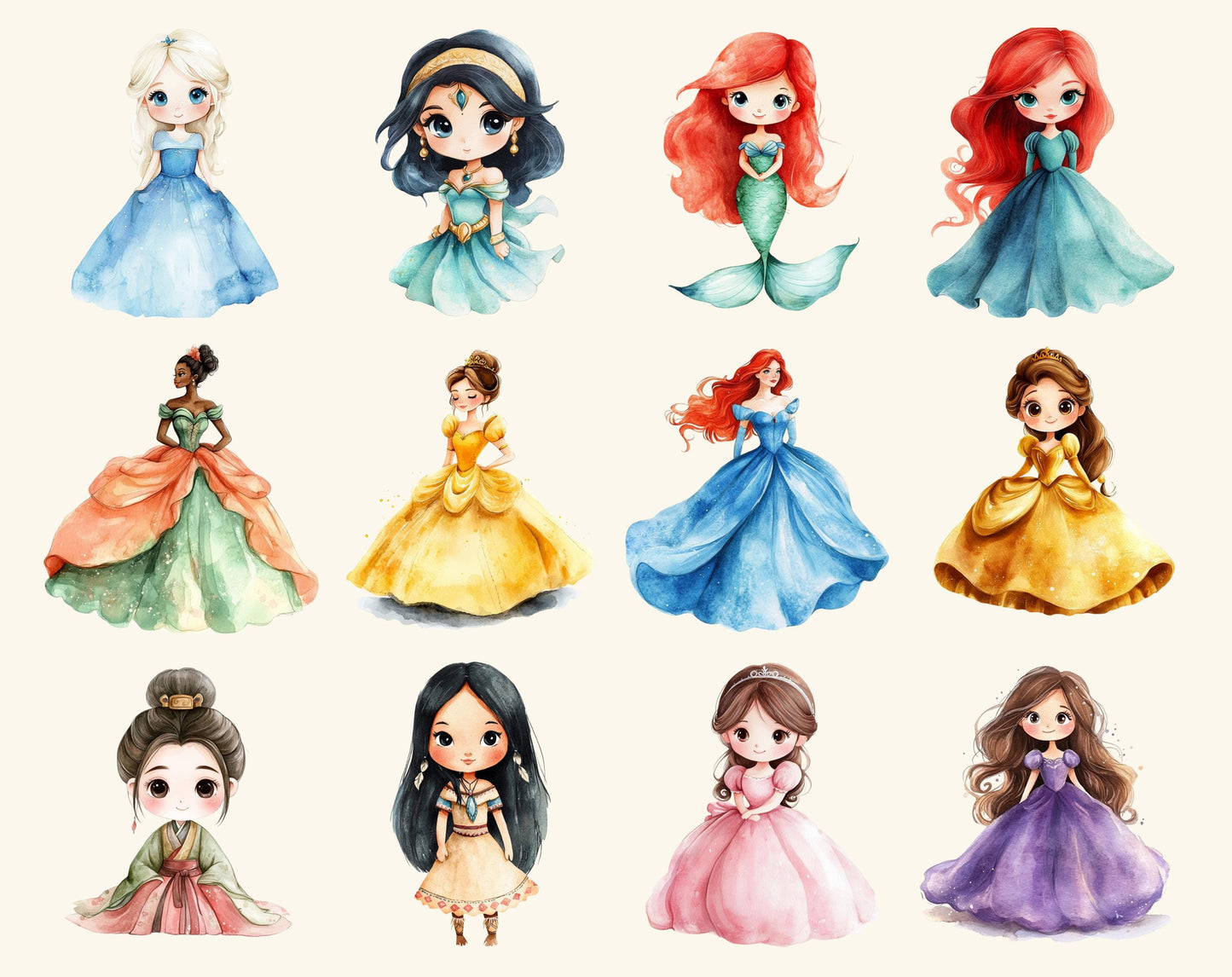 Aquarell-Prinzessinnen-Clipart-Paket, Märchenhafte Kinderzimmerkunst (Digitaler Download)