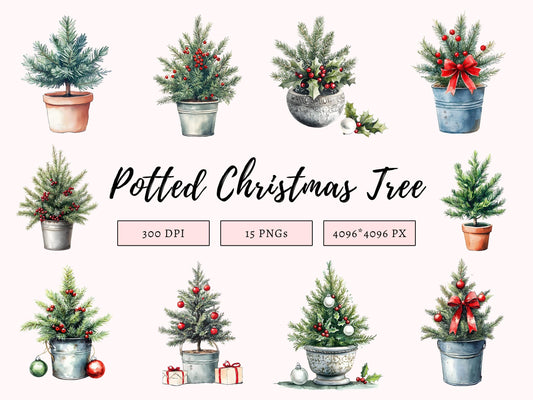 Potted Christmas Tree Clipart png Bundle, Watercolor Christmas Tree Clipart, Christmas Tree Clipart, Christmas png, Tree png