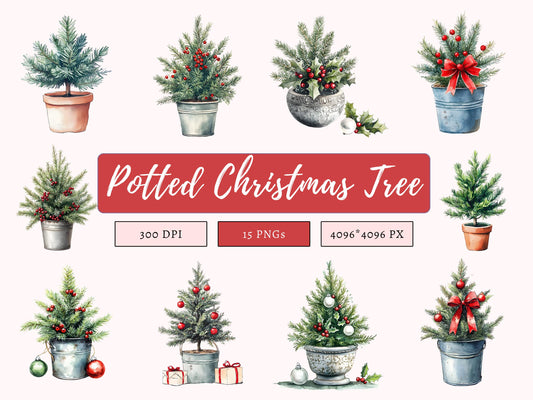 Potted Christmas Tree Clipart png Bundle, Watercolor Christmas Tree Clipart, Christmas Tree Clipart, Christmas png, Tree png