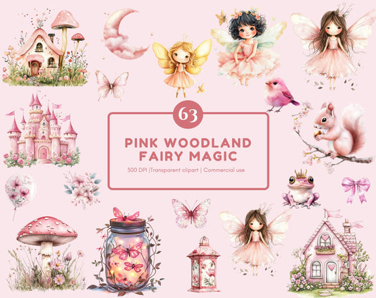 Watercolor Fairy Clipart, Pink Woodland Fairy Clipart png Bundle, Fairy Woodland Clipart, First Birthday Clipart, Fairy First Clipart