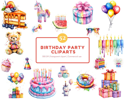 Watercolor Birthday Party Clipart Bundle (PNG Digital Download)
