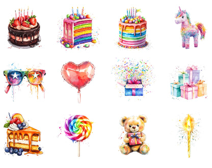 Watercolor Birthday Party Clipart Bundle (PNG Digital Download)