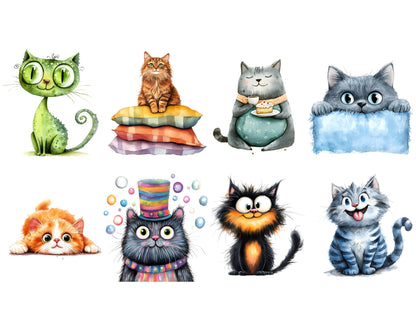 Quirky Cats Clipart Bundle, Whimsical Kitten Illustrations (Digital Download)