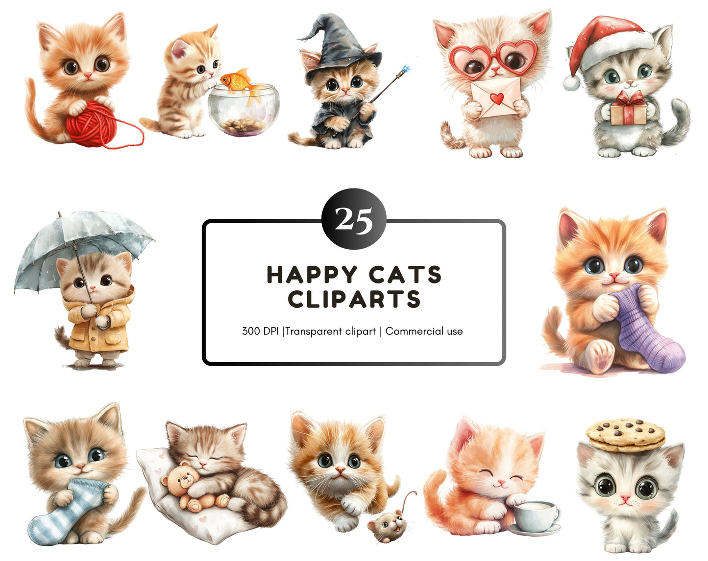 Whimsical Happy Cats Clipart PNG Bundle (Digital Download)