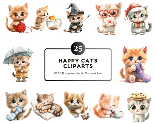 Whimsical Happy Cats Clipart PNG Bundle (Digital Download)