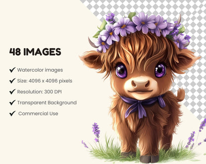 Aquarell-Highland-Rinder-Clipart-Bundle (PNG), Niedliche Highland-Rinder-Clipart, Lustige Kuh-PNG, Baby-Highland-Rinder-PNG, Kuh-Clipart, Sofort-Download