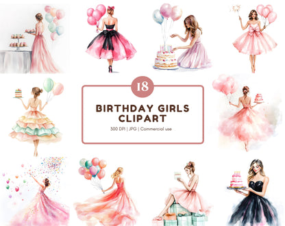 Birthday Girl Clipart png Bundle, Girl Birthday Party Clipart, Watercolor Birthday Girl Clipart, Birthday Clipart Bundle, Digital Download