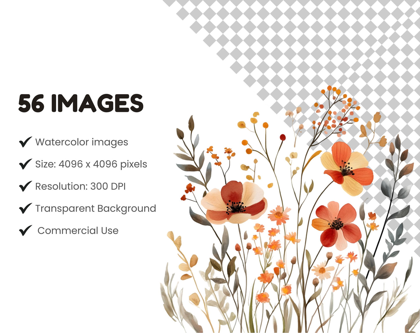 Watercolor Wildflower Clipart Set, Floral Elements (Digital Download)