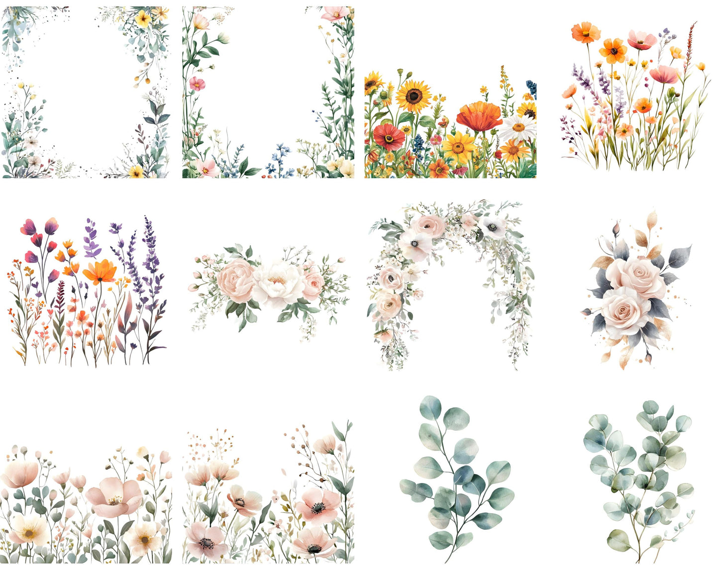 Watercolor Wildflower Clipart Set, Floral Elements (Digital Download)