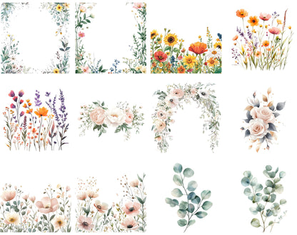 Watercolor Wildflower Clipart Set, Floral Elements (Digital Download)