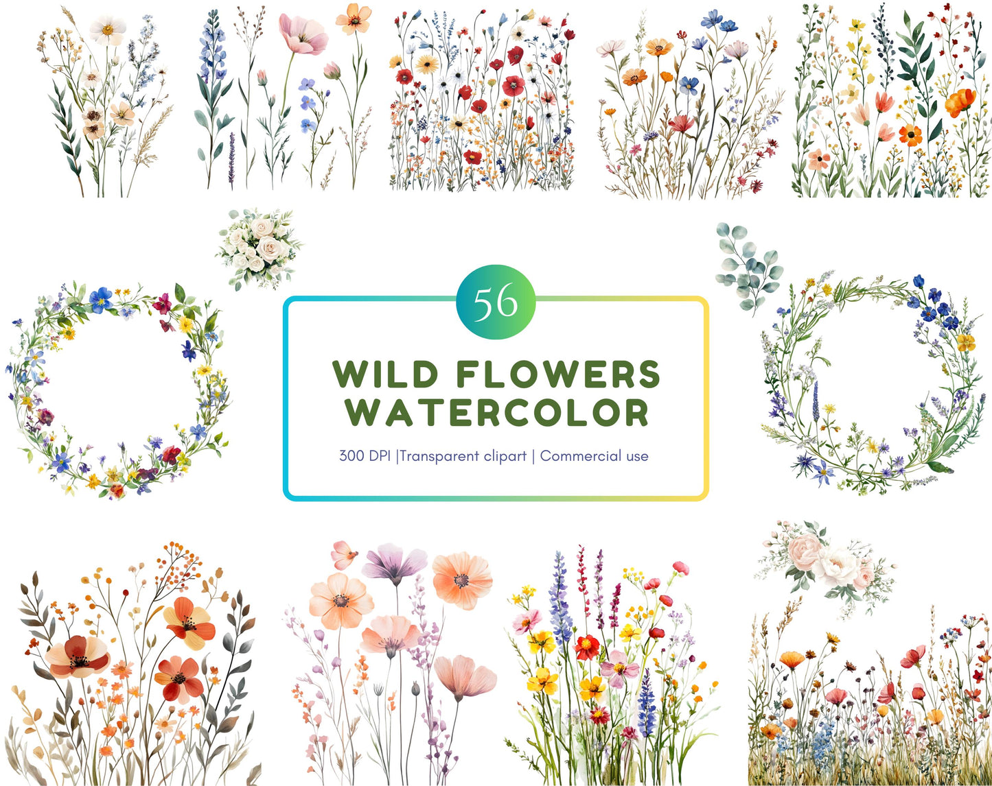 Watercolor Wildflower Clipart Set, Floral Elements (Digital Download)