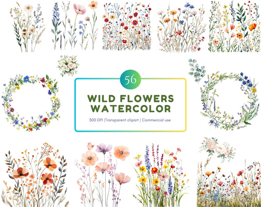 Watercolor Wildflower Clipart Set, Floral Elements (Digital Download)