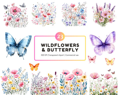 Watercolor Wildflower Clipart Bundle, Floral Butterfly PNG (Digital Download)