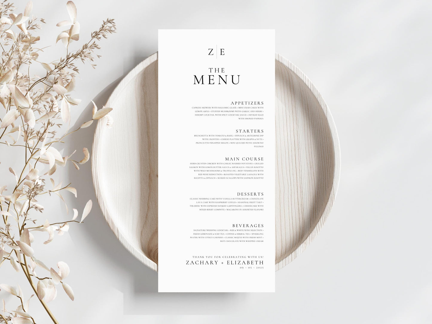 Minimalist Wedding Menu Template: Modern Elegant Design (Printable)