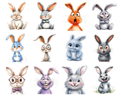 Quirky Rabbit Clipart Bundle, Whimsical Bunny PNG (Digital Download)