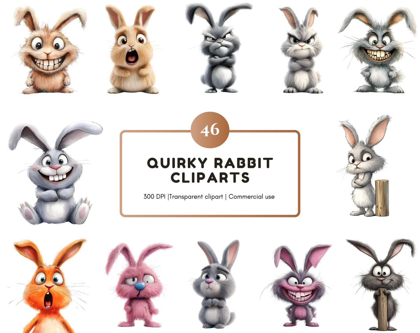 Quirky Rabbit Clipart Bundle, Whimsical Bunny PNG (Digital Download)