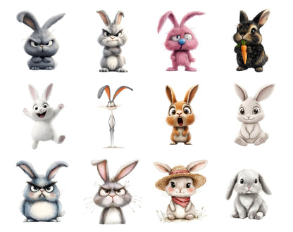 Quirky Rabbit Clipart Bundle, Whimsical Bunny PNG (Digital Download)