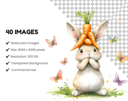 Funny Watercolor Rabbit Clipart Bundle, Quirky Bunny PNG (Digital Download)
