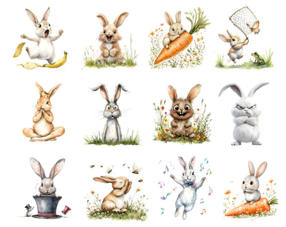 Funny Watercolor Rabbit Clipart Bundle, Quirky Bunny PNG (Digital Download)