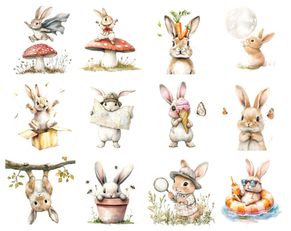 Funny Watercolor Rabbit Clipart Bundle, Quirky Bunny PNG (Digital Download)