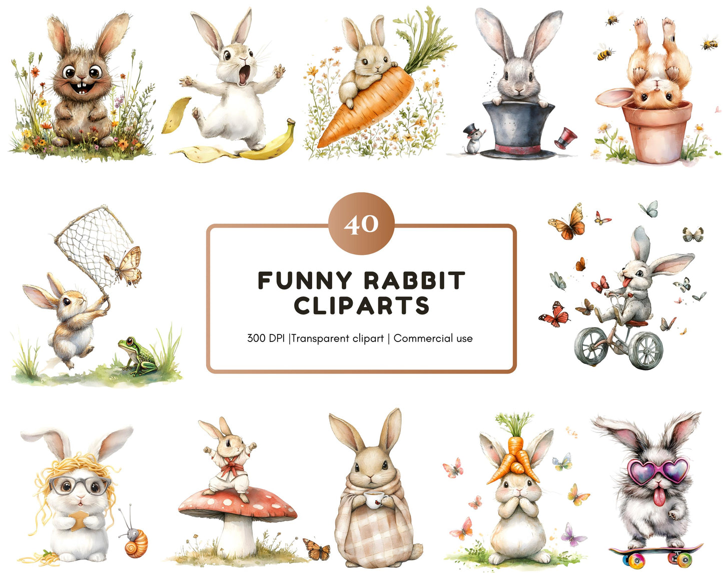 Funny Watercolor Rabbit Clipart Bundle, Quirky Bunny PNG (Digital Download)