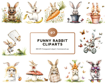 Funny Watercolor Rabbit Clipart Bundle, Quirky Bunny PNG (Digital Download)