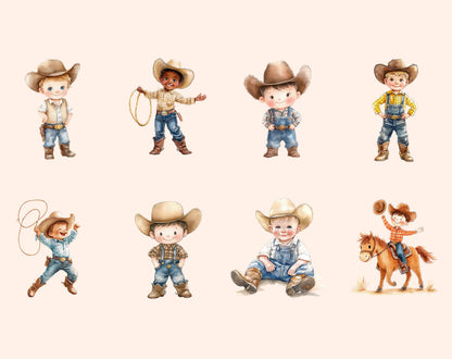 Watercolor Baby Cowboy Clipart Bundle, Wild West Graphics (PNG)
