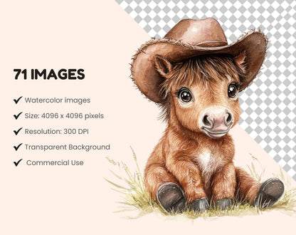 Watercolor Baby Cowboy Clipart Bundle, Wild West Graphics (PNG)