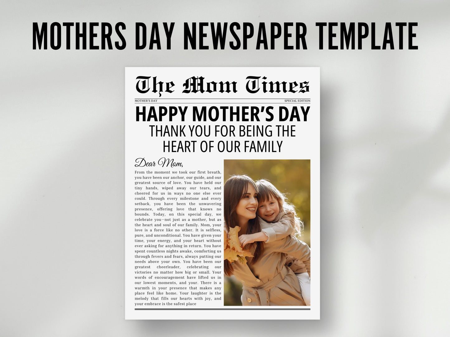 Mother's Day Newspaper Template, Photo Keepsake Gift (Digital Download)