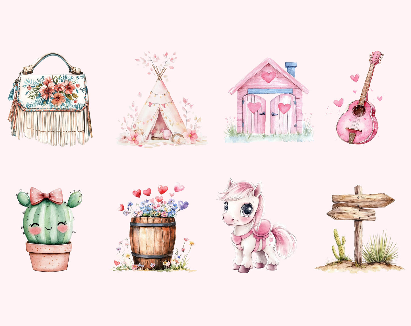 Pink Cowgirl Watercolor Clipart Bundle (PNG)