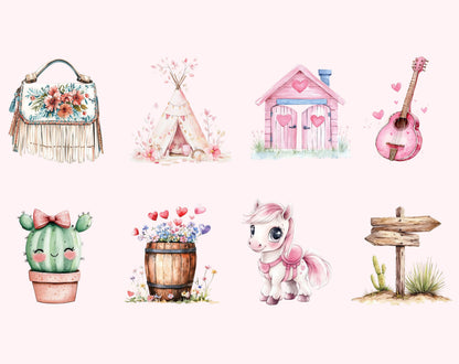 Pink Cowgirl Watercolor Clipart Bundle (PNG)