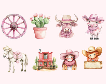 Pink Cowgirl Watercolor Clipart Bundle (PNG)