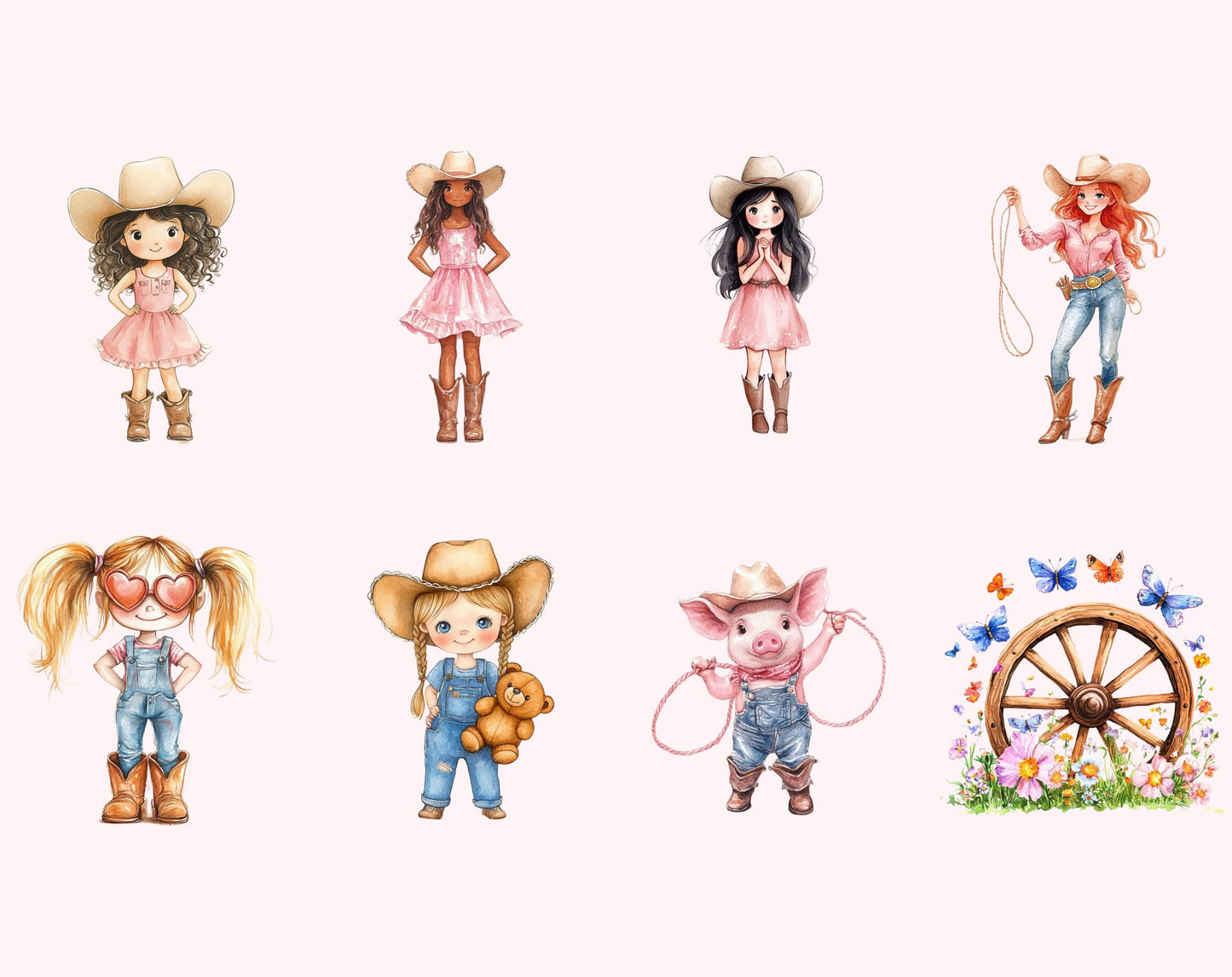 Pink Cowgirl Watercolor Clipart Bundle (PNG)