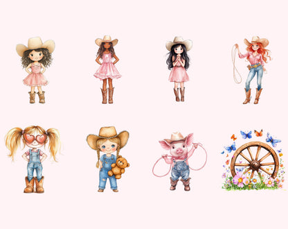Pink Cowgirl Watercolor Clipart Bundle (PNG)