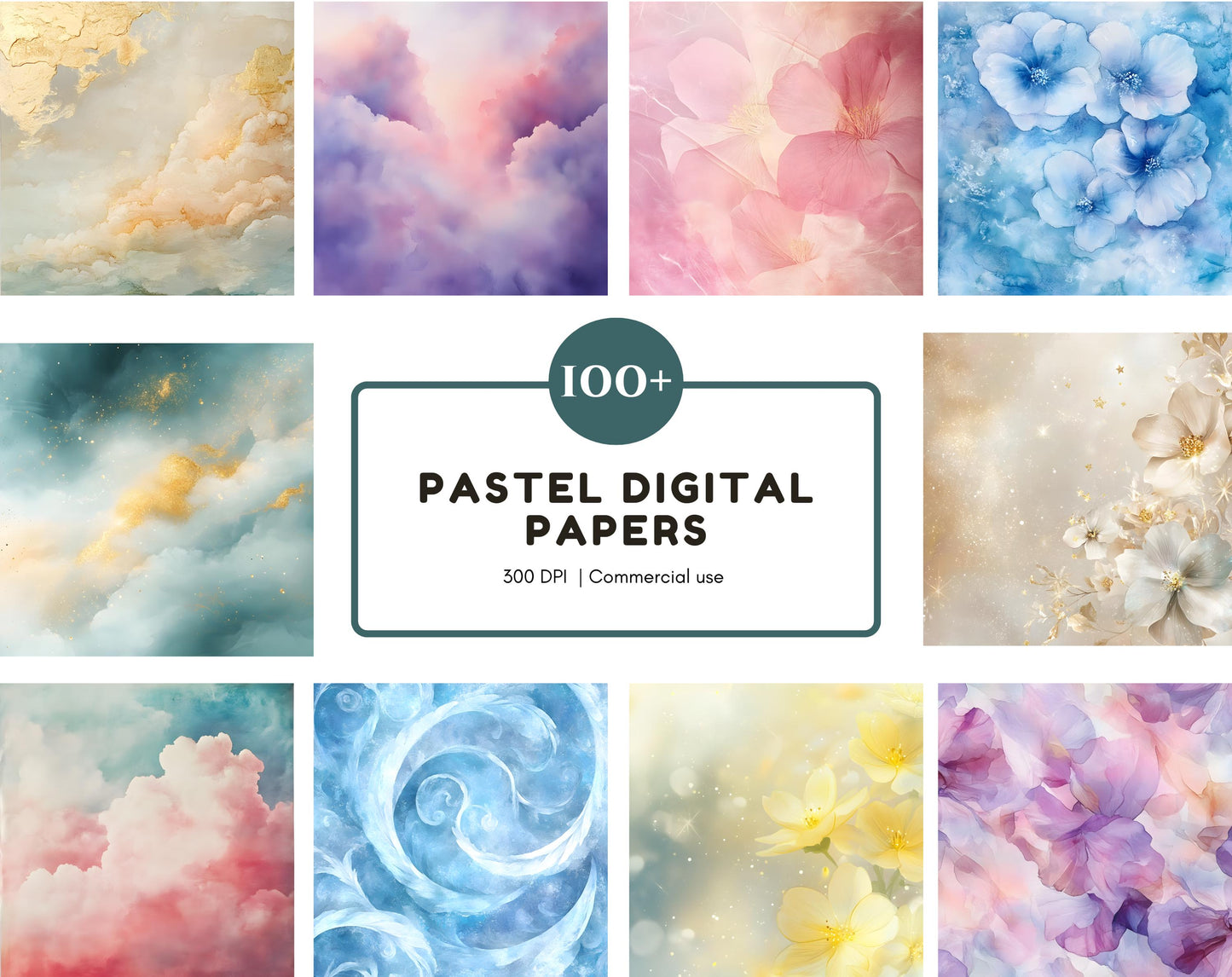 Pastel Watercolor Paper Clipart Bundle, Floral & Abstract (Digital Download)