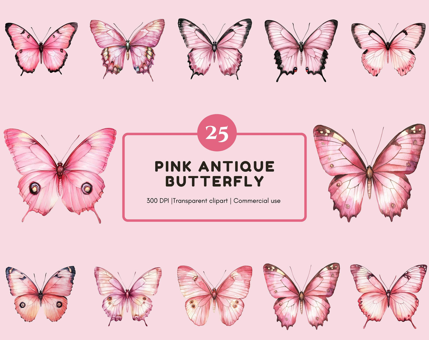 Antique Pink Butterfly Clipart Bundle (PNG, Digital Download)