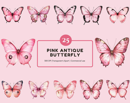 Antique Pink Butterfly Clipart Bundle (PNG, Digital Download)