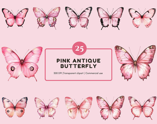 Antique Pink Butterfly Clipart Bundle (PNG, Digital Download)