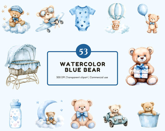 Blue Teddy Bear Clipart Bundle, Watercolor Teddy Bear Clipart, Teddy Bear png, Cute Teddy Bear, Teddy Bear Clipart Baby Shower