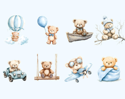Blaues Teddybär-Clipart-Bundle, Aquarell-Teddybär-Clipart, Teddybär-PNG, Niedlicher Teddybär, Teddybär-Clipart für Babypartys