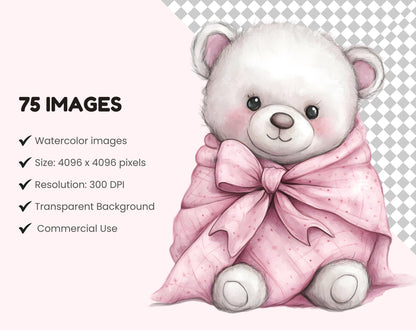 Clipart-Bundle mit rosa Teddybären, Aquarell-Teddybären-Cliparts, Teddybär-PNG, niedlicher Teddybär, Teddybär-Cliparts für Babypartys