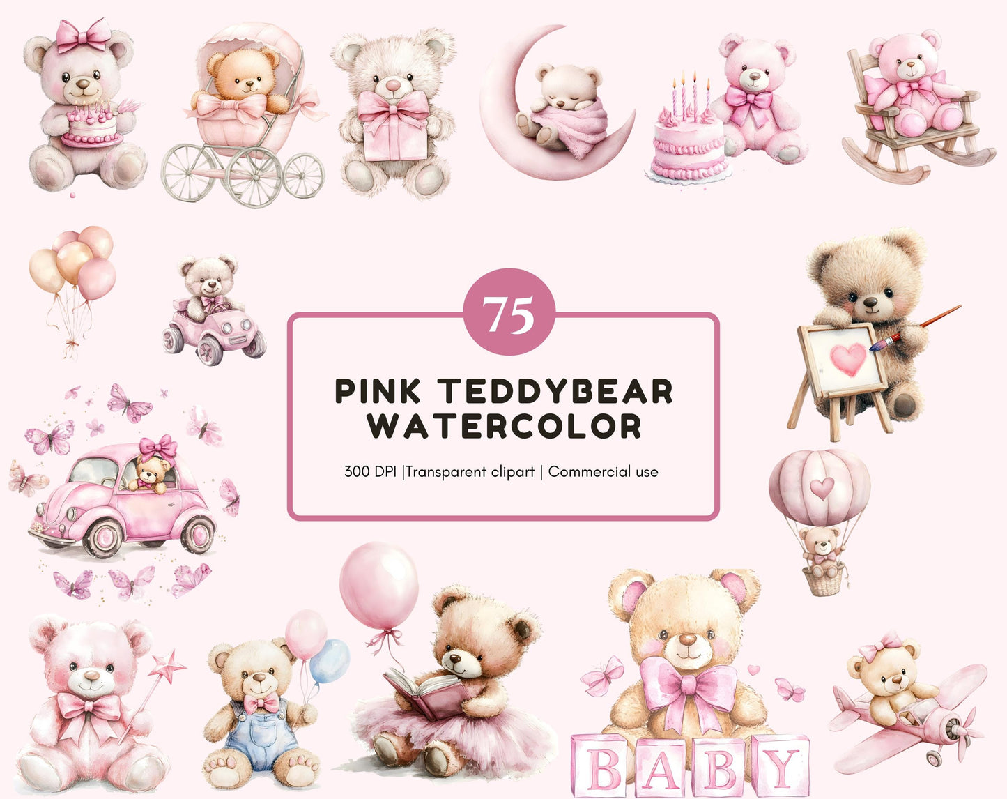 Clipart-Bundle mit rosa Teddybären, Aquarell-Teddybären-Cliparts, Teddybär-PNG, niedlicher Teddybär, Teddybär-Cliparts für Babypartys