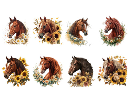 Aquarell-Blumenpferd-Clipart-Bundle, Boho-Stil (PNG-Digitaldownload)