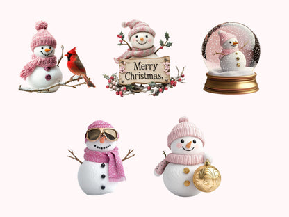 Pink Snowman Clipart png Bundle, Watercolor Snowman Clipart, Pink Snowman Clipart, Pink Christmas Clipart, Christmas Snowman Clipart