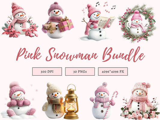 Pink Snowman Clipart png Bundle, Watercolor Snowman Clipart, Pink Snowman Clipart, Pink Christmas Clipart, Christmas Snowman Clipart
