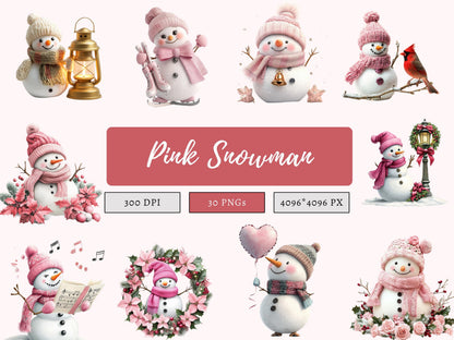Pink Snowman Clipart png Bundle, Watercolor Snowman Clipart, Pink Snowman Clipart, Pink Christmas Clipart, Christmas Snowman Clipart