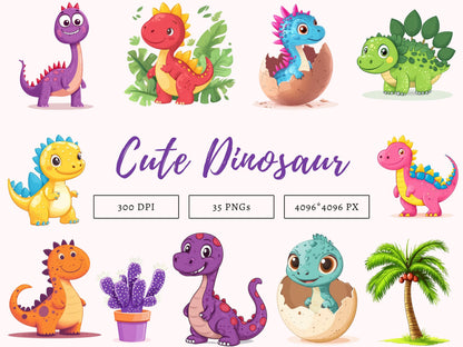 Ensemble de clipart de dinosaures mignons à l'aquarelle, clipart de dinosaures de dessin animé png, dinosaure png, dino imprimable png, clipart de dinosaure, clipart de dinosaure Babu