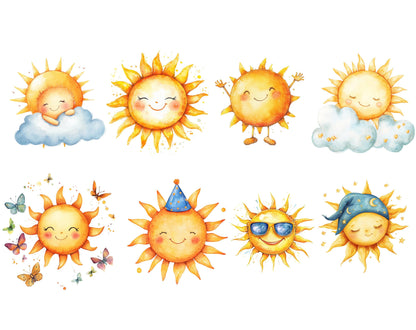 Ensemble d'images clipart de soleil aquarelle (PNG), Ensemble d'images clipart de soleil, Soleil PNG, Images clipart bohème, Soleil bohème, Images clipart de soleil, Images clipart de soleil d'été, Images clipart de soleil rétro (PNG)
