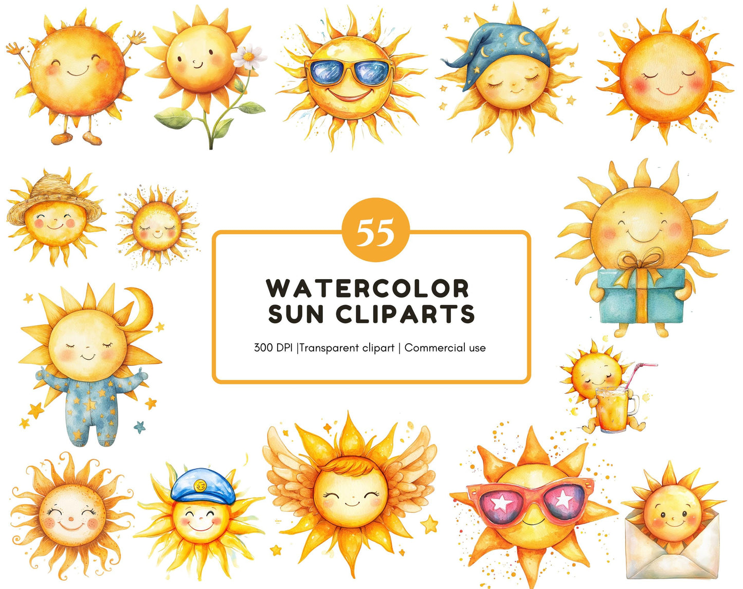 Ensemble d'images clipart de soleil aquarelle (PNG), Ensemble d'images clipart de soleil, Soleil PNG, Images clipart bohème, Soleil bohème, Images clipart de soleil, Images clipart de soleil d'été, Images clipart de soleil rétro (PNG)