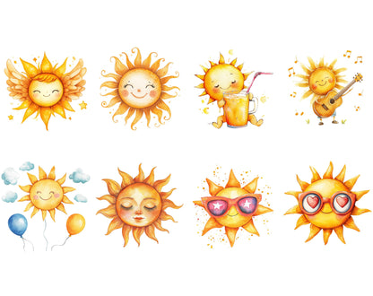 Ensemble d'images clipart de soleil aquarelle (PNG), Ensemble d'images clipart de soleil, Soleil PNG, Images clipart bohème, Soleil bohème, Images clipart de soleil, Images clipart de soleil d'été, Images clipart de soleil rétro (PNG)